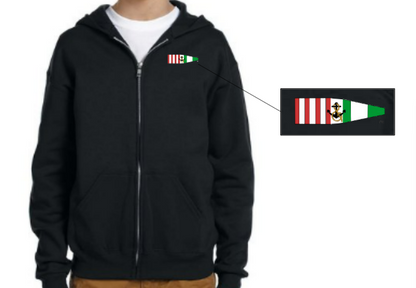 Youth Fleece Full-Zip Hooded Sweatshirt - Port and Starboard Custom Signal Flag Logo Embroidered Youth Sailing Attire Jerzees