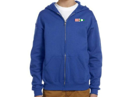 Youth Fleece Full-Zip Hooded Sweatshirt - Port and Starboard Custom Signal Flag Logo Embroidered Youth Sailing Attire Jerzees